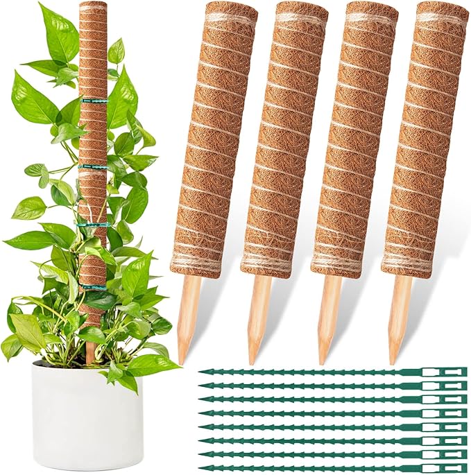 4 Pcs 12 Inches Coir Totem Pole With 8 Pcs Adjustable Plant Twist Ties - Moss Stick for Creepers Plant Support Extension, Climbing Indoor Plants
