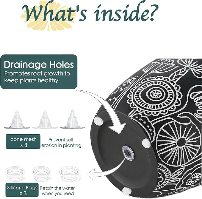 Terracotta Pots, 6.5+5+4.4 Inch Plant Pots with Drainage Hole- Floral Pattern, Black Boho Ceramic Planters for Indoor Plants, Flower Pots Indoor Succulents, Herbs Plants,Set of 3