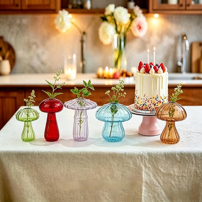 Mushroom Glass Propagation Station for Plants: Set of 5 Colored Vases Terrarium Kit for Home Office Indoor Hydroponics Decor - Birthday Gifts for Women Mom Grandma
