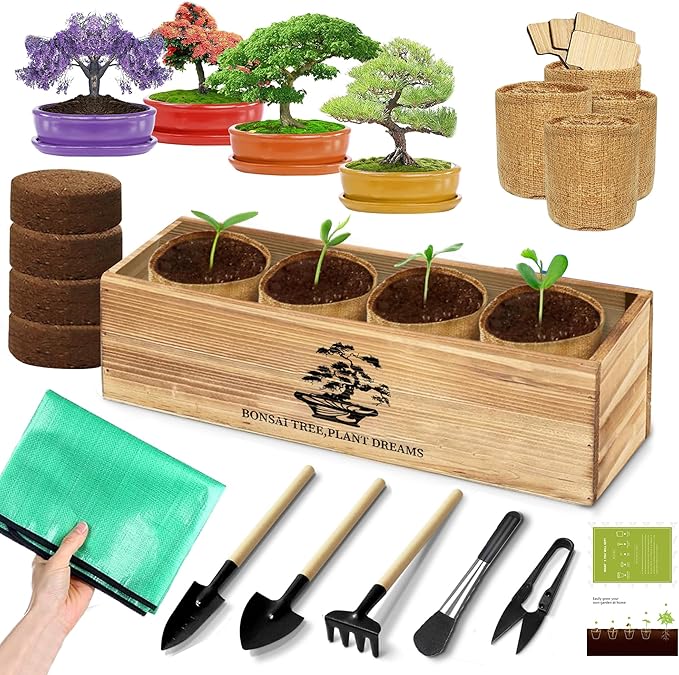 Premium Bonsai Kit,Complete Bonsai Starter Kit with Wooden Gift Box,repotting mat, Burlap Pots & Gardening Tools, DIY Bonsai Plant Set for Adults & Beginners (Seeds Excluded)Birthday Thanksgiving gift