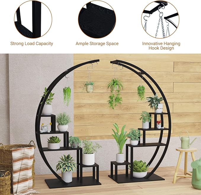 Jojoka Plant Stand Indoor Outdoor 2 Pack, 5 Tier 56" Tall Metal Plant Shelf, Heavy Duty Corner Flower Rack with Hanging Hooks, Multi Plant Holder for Living Room Garden Balcony,Brown