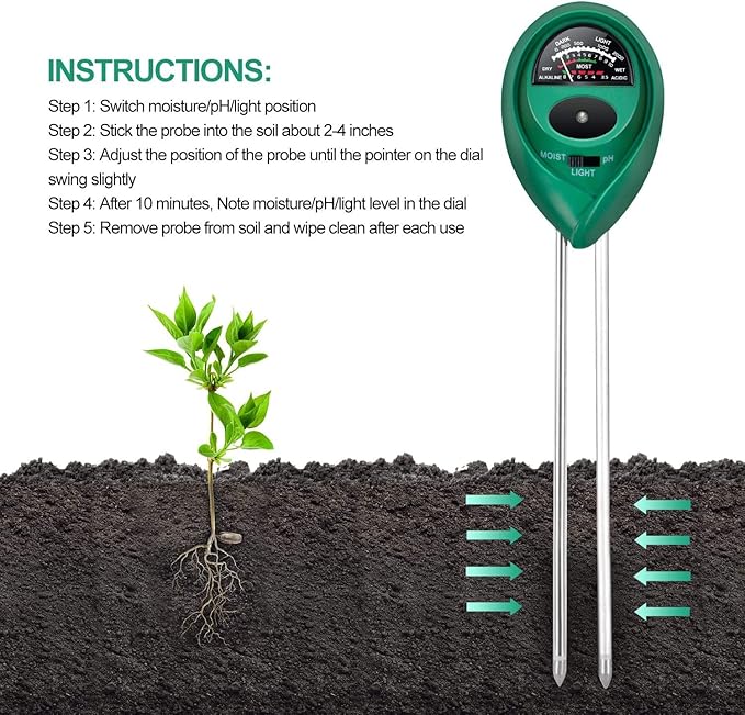 iPower 3-in-1 Soil Test Kit, Soil Moisture/Light/pH Meter for House Plant, Garden, Lawn, Farm, Ideal for Indoor & Outdoor Use
