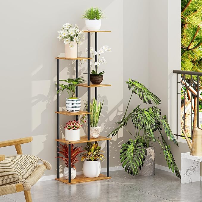 Plant Stand Indoor, 6-Tier Tall Plant Shelf Multiple Metal Wood Flower Pot Holder for Living Room Office Balcony Patio, Rustic Brown