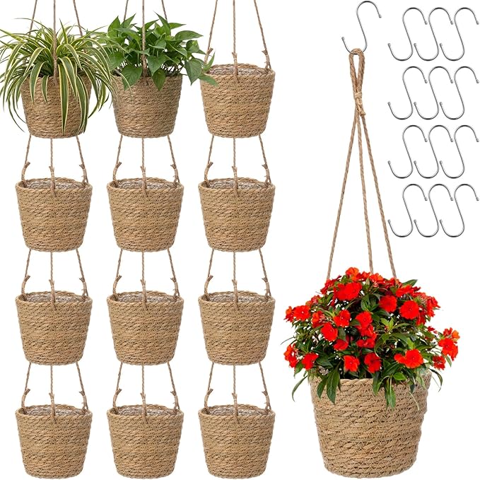 12 Pcs Seagrass Hanging Planter Basket Hand Woven Plant Basket with Plastic Liners Hanging Plant Holder Storage Containers with Cotton Rope for Indoor Garden Decor (Small,Brown)