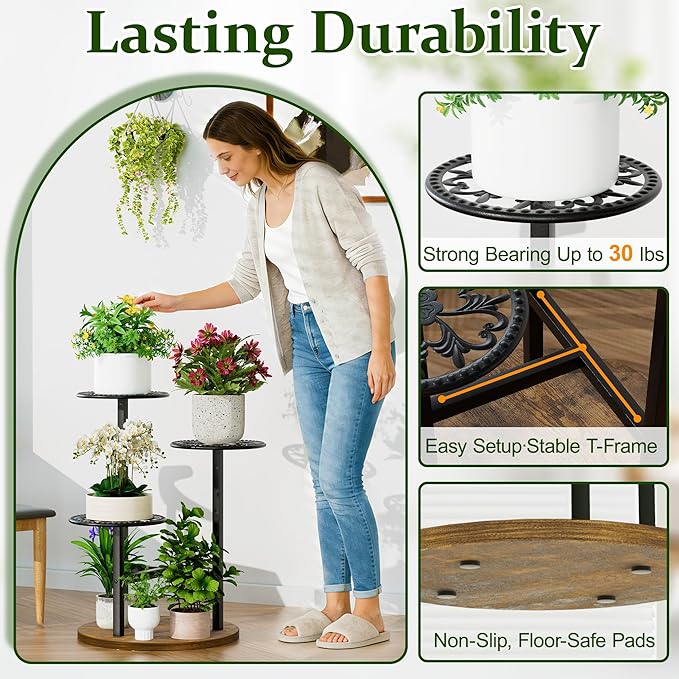 3 Tiered Tall Plant Stand, Tall Metal Wood Shelf Holder for Indoor Outdoor, Tiered Flower Stand for Corner Patio Balcony Porch Garden Living Room House