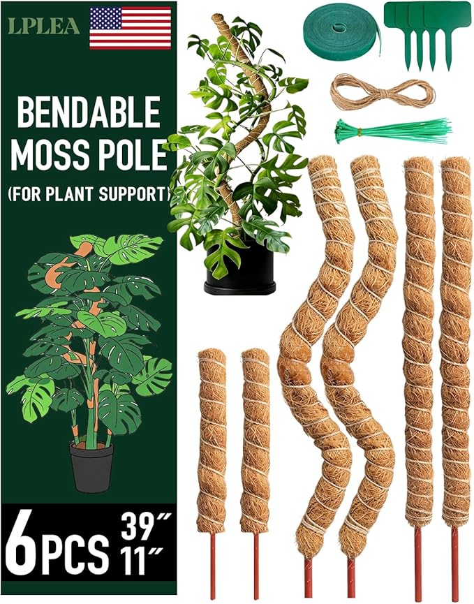 6 Pcs Moss Poles for Climbing Plants, 4 Pcs 39" & 2 Pcs 11" Tall Bendable Coco Coir Trellis Stakes - Indoor Plant Support for Monstera, Pothos- Handmade Moss Sticks for Potted Houseplants