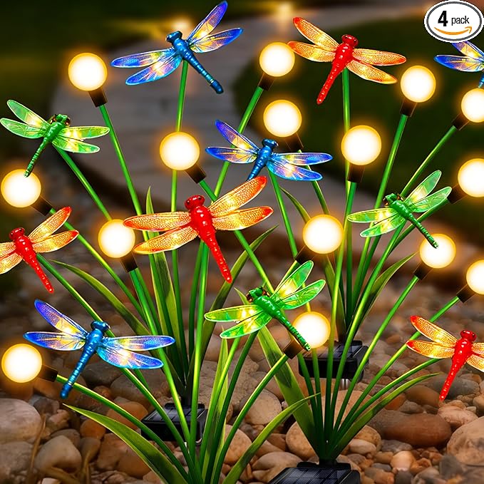4 Pack Dragonfly Decorative Garden Stakes, 16Pcs 3D Dragonfly Decorations with Solar Firefly Lights Realistic Waterproof Dragonflies Solar Lights Outdoor for Yard Art Patio Plant Pot Flower Bed Lawn