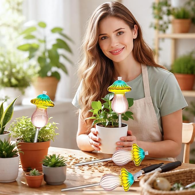11 oz Large Plant Watering Globes, Glass Self Watering Globes, Gradient Color Mushroom Self Watering Planter Insert, Vacation Plant Watering Devices, Automatic Watering Bulbs (Large-4 Pack)