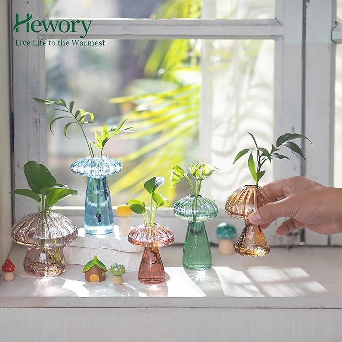 Hewory Glass Mushroom Propagation Stations: Set of 10 Unique Propagation Jars Glass Planter for Indoor Plants Home Decor - Colorful Mushroom Vase Christmas Birthday Gifts for Plant Lovers Women Girls