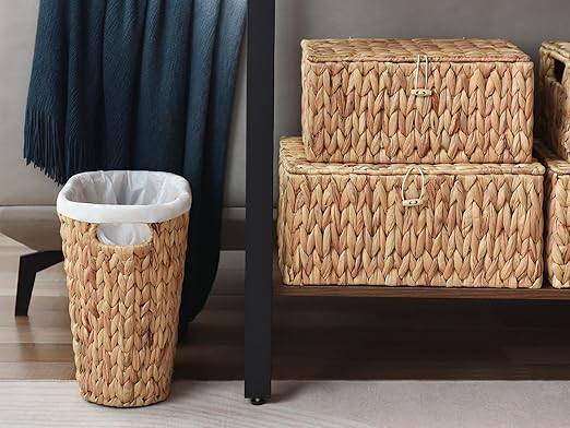 StorageWorks Wicker Waste Basket, Handwoven Water Hyacinth Trash Can with Built-in Handles, Wicker Garbage Can for Bedroom, Bathroom, 1 Pack