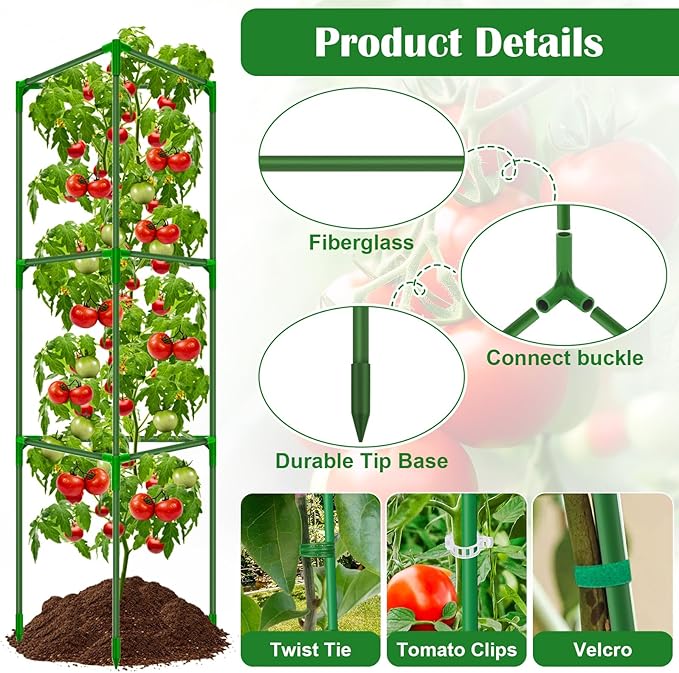6 Packs Fiberglass Tomato Cages for Garden, 56 Inch Tall Tomato Plant Support, Adjustable Cucumber Stakes Plant Climbing Trellis for Garden Vegetables Fruits, Climbing Bean Support Cages with Clips