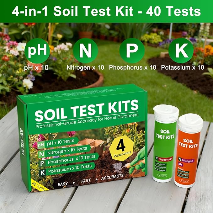 2026 NEW Soil Test Kit 4-in-1 for Lawns & Gardens – 40 Tests (pH, Nitrogen, Phosphorus, Potassium) – Easy Soil Testing Kit for Vegetable Garden, Lawn & Plants