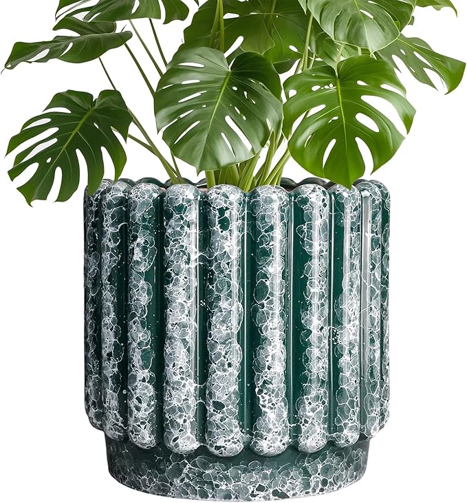 Ceramicfor Ceramic Pots for Plants - 9.6 Inch Plant Pot Indoor with Drainage Hole, Large Ceramic Planters for Outdoor, Fluted Round Flower Planter, Home Decor Living Room, Birthday Gifts, Green
