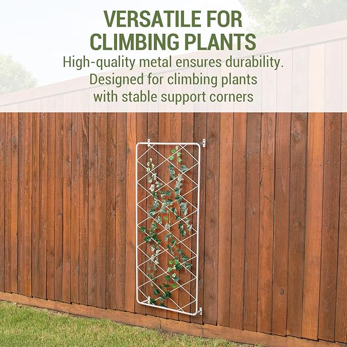 MyGift 50 by 24 Inch Single Panel Wall Mounted Garden Trellis with Metal Diamond Screen, Hanging Lattice Support Frame for Outdoor or Indoor Climbing Plant Vines (Matte White, 1 pc)