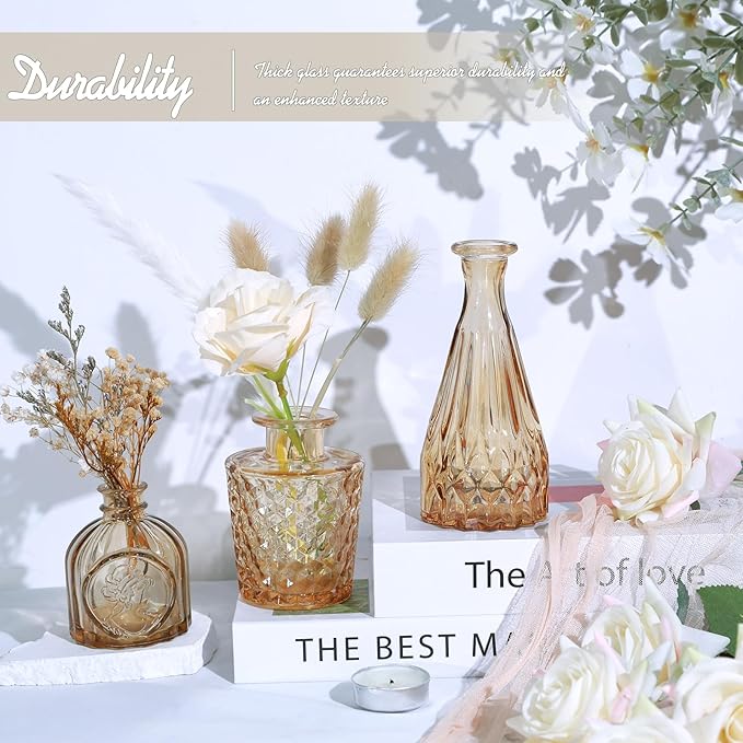 TBWIND Glass Bud Vase Set of 5, Small Amber Flower Vases for Centerpieces in Bulk, Mini Vintage Vase for Wedding Decor, Single Flowers, and Home Table Décor