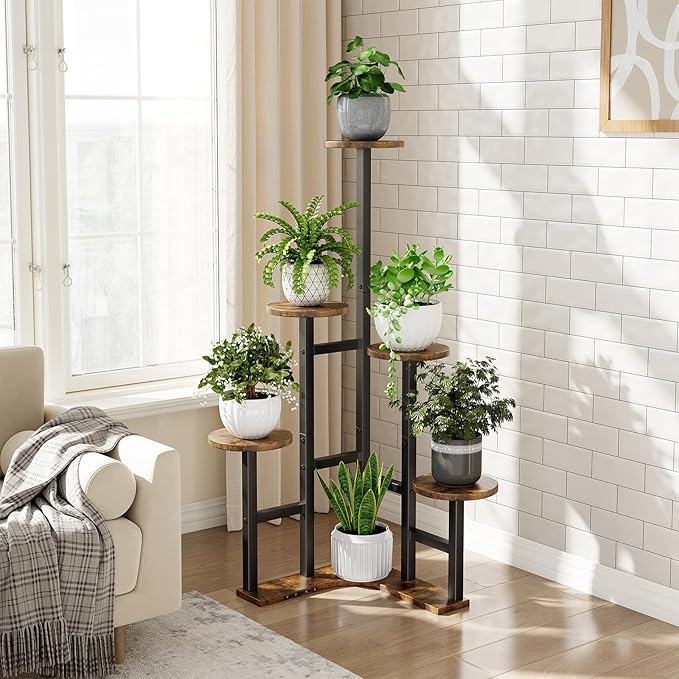 Yzosvki Corner Plant Stand Indoor, 6 Tiered Corner Plant Shelf Flower Stand for Multiple Plants, Plant Shelves Organizer Rack for Living Room, Balcony, Patio, Garden, Round Rustic Brown