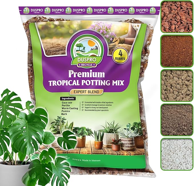 DUSPRO Recycle Tropical Potting Mix Pre-Mixed 5in1 with Pine Bark, Coco Coir, Perlite, Worm Casting & Pumice Ideal Aroid Mix Soil for Monstera, Pothos, Philodendron, Other Indoor HousePlants 4QRT