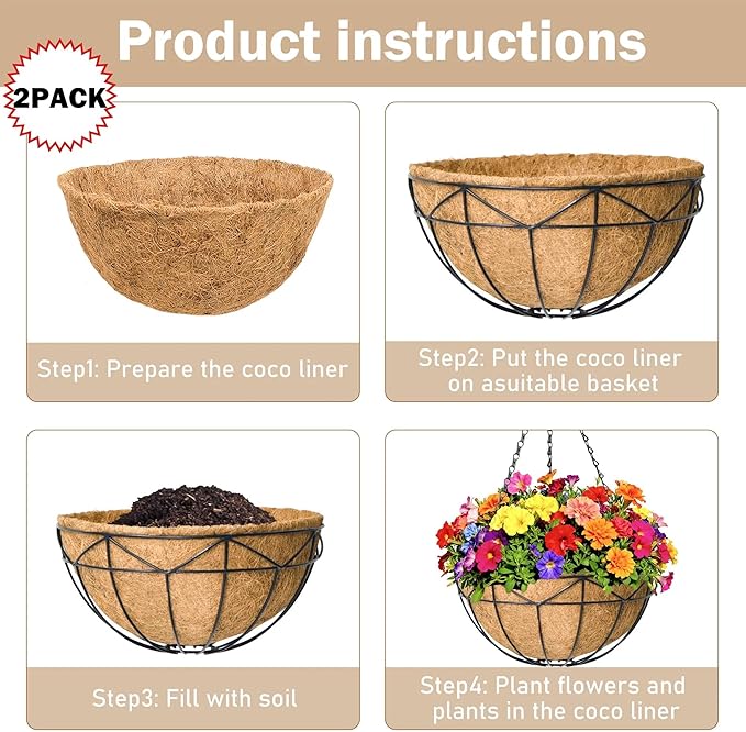 Hanging Baskets for Outdoor Plants (12 inch 2 Pack) Black Metal Wire Flower Basket Coconut Coir Hanging Planters with Chain Indoor Plant Holder for Patio Garden Balcony