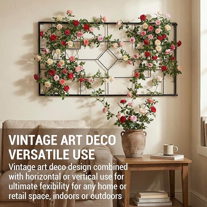 MyGift Wall Mounted Garden Trellis, 3.9 ft Black Metal Geometric Vintage Art Deco Lattice Frames for Climbing Plants and Vines