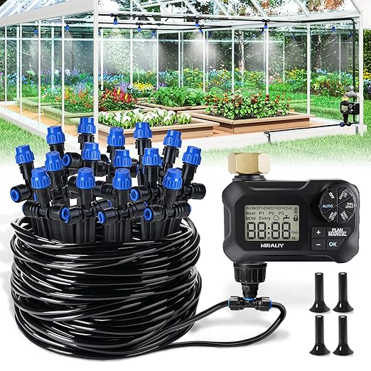 HIRALIY 59FT Greenhouse Misting Drip Irrigation Kit with Water Timer, Quick Connector Design Garden Watering System, Automatic Irrigation System with Tubing, Nozzles for Hanging Plants, Raised Bed