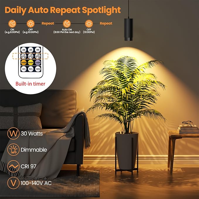Zoomable Remote Pendant Grow Lights with Auto On/Off Timer, 30W Full Spectrum LED Plant Light 2700K-6000K Dimmable Plug in Hanging Lights for Indoor Plants 20FT Power Cord, Black
