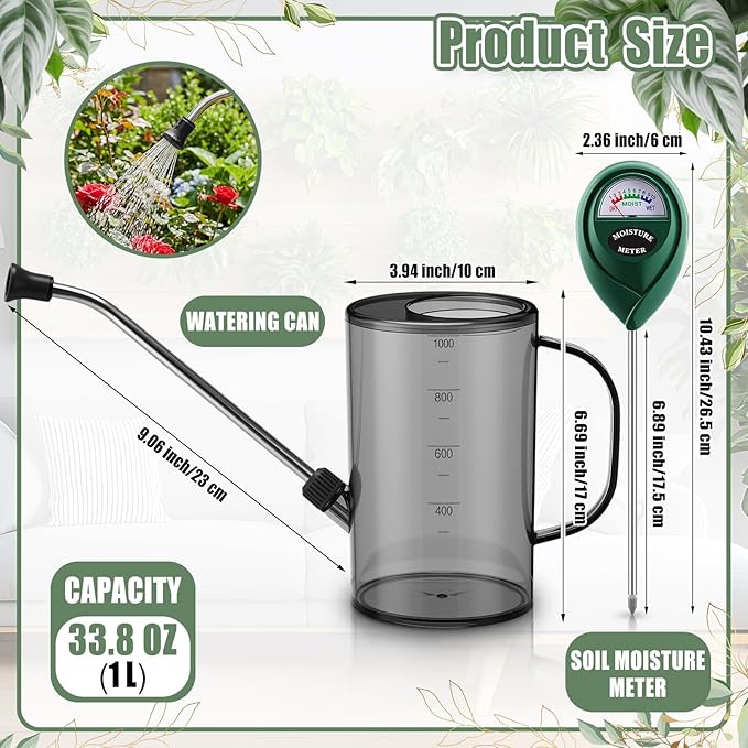 Indoor Plants Watering Can for Indoor Plants Long Probe Soil Moisture Meter Long Spout Watering Cans Water Monitor Indicator for Pot Flower House Gardening Farming(Gray,1 L,Cylindrical)