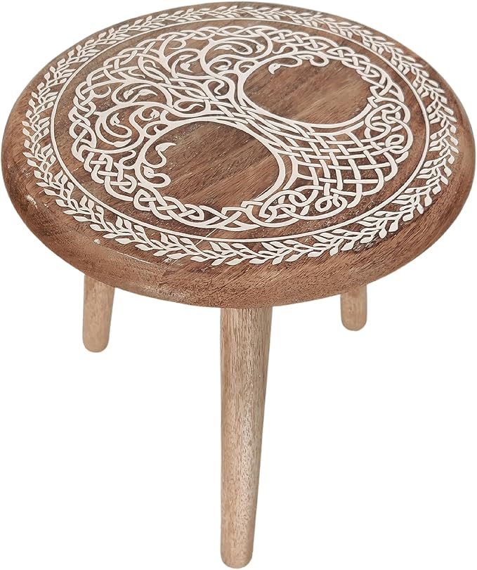VANIYA CRAFTS® Wooden Engraved Fold-able Side Table/End Table/Plant Stand/Stool for Living Room Bedroom Restaurant Kids Play Furniture Table Round Shape (Natural White 4)
