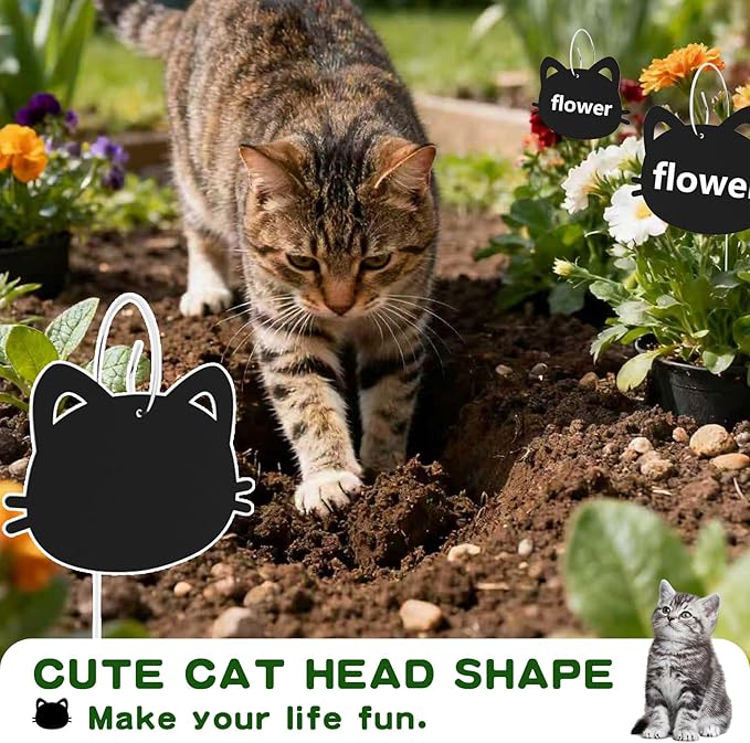 25-Pack Iron Metal Cute Cat's Head Shaped Garden Markers Weatherproof Metal Plant Labels Large Planting Seedling Stake Signs, Seedlings Herbs Vegetable Greenhouse Gifts with White Marker Pen Labels