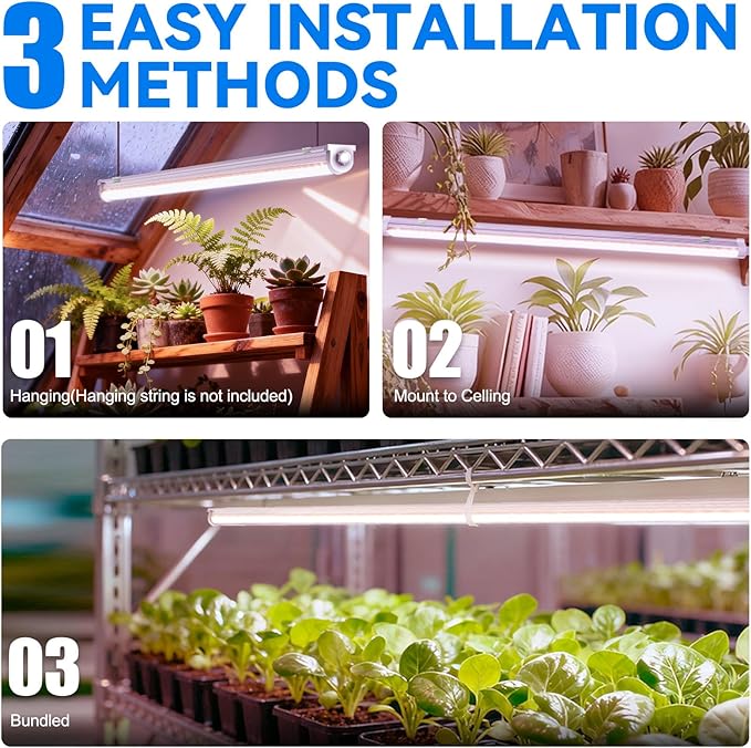 JESLED Waterproof Plant Grow Lights, 2FT Full Spectrum Grow Light, 48W(2 X 24W,300W Equiv), Linkable Led Grow Light Strip for Greenhouse, Plant Shelves, Plug and Play, Pinkish White, 2-Pack