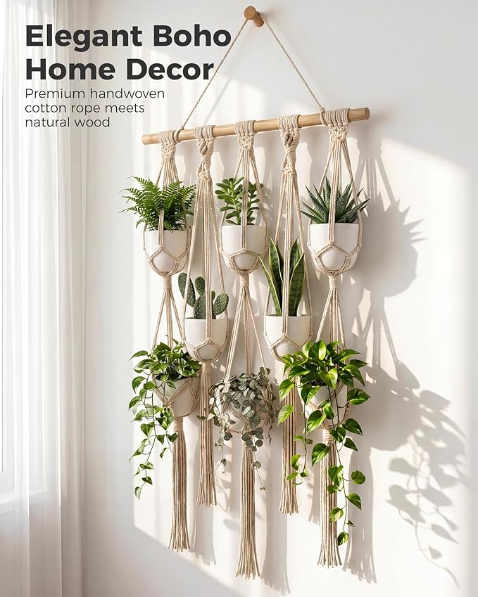 Bamworld Macrame Plant Hanger with Wooden Dowel Multi-Tier Hanging Planters for Indoor Plants Wall Mounted Hanging Plant Holder with 7 Pockets Boho Hanging Baskets for Wall Decor(Pot Not Included)