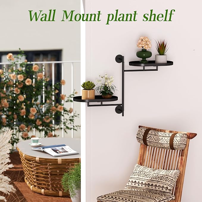 YQSLYSF Window Rotating Plant Stand Shelf Indoor Black Metal Floating Shelves 2-Tier Wall Mount Plant Holders for Living Room Wall Planter Modern Home Decor for Gardening