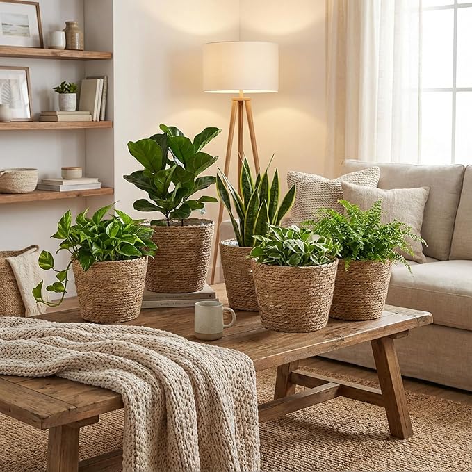 5 Pcs Large Premium Seagrass Planter Basket 10.2x7.5x7 Stylish Planter Baskets Woven Wicker Baskets with Plastic Lining for Indoor Outdoor Flower Plants Pots Cover Room Decor