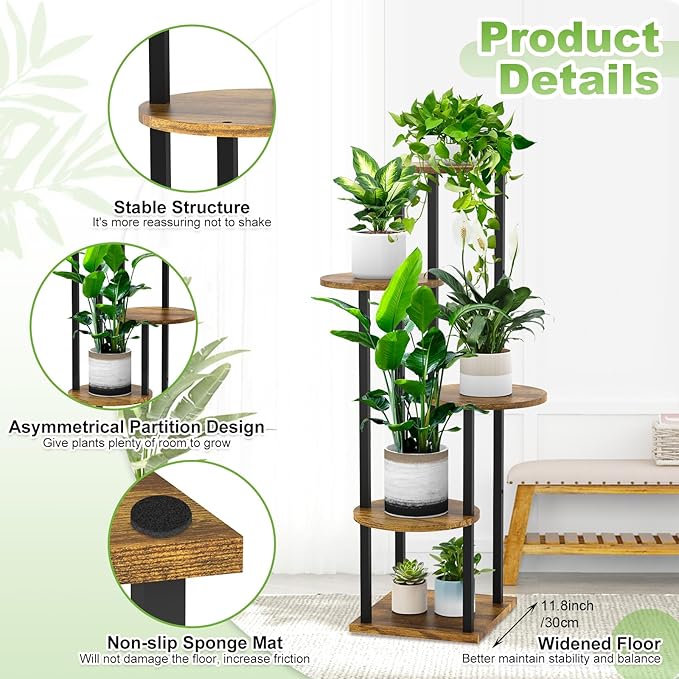 5 Tier Wood Tall Plant Stand Metal Rack Indoor, Multiple Flower Pot Holder Shelves Corner Rack, Round Planter Shelf Display Rack Storage Organizer for Patio Living Room Balcony(Black+Brown)