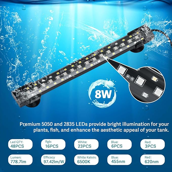 hygger 24/7 Mode Submersible Aquarium LED Light, Full Spectrum Hidden Fish Tank Light with 3 Rows Beads 7 Colors Auto On Off Sunrise-Daylight-Moonlight, Adjustable Timer Brightness