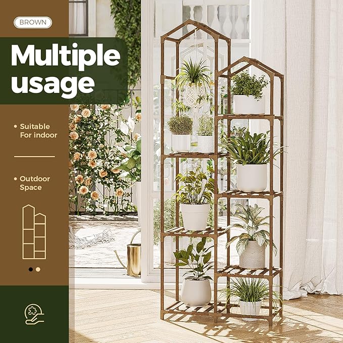 Bamworld Roof Shaped Plant Stand Indoor Outdoor 6 Tier Tall Large Wood Plant Shelf Multi Tier Flower Stands Garden Shelves Wooden Plant Display Holder Rack for Living Room Corner