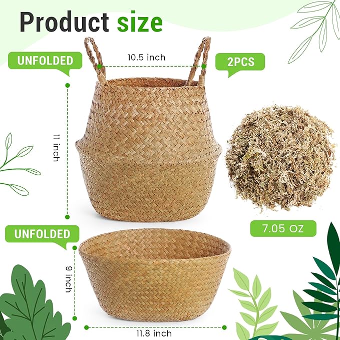 Knitgrip Large Wicker Plant Basket with Handle 10 Inch Woven Seagrass Belly Basket and Artificial Moss for House Plants Picnic Grocery Laundry Storage Home Decor(Large,Original,2 Pack)