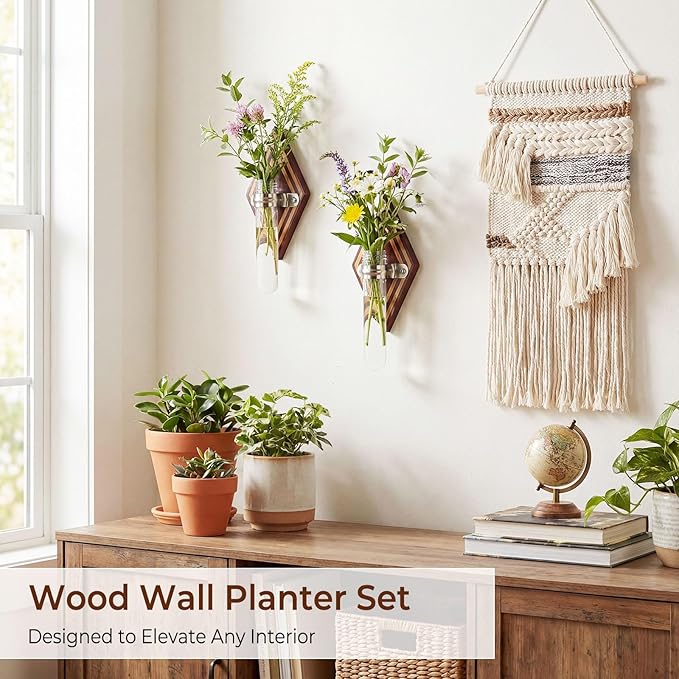 2 Pack Hanging Propagation Stations, Wooden Wall Plant Holder with Terrarium for Hydroponic Cuttings, Decorative Wall Planter for Home Office Decor