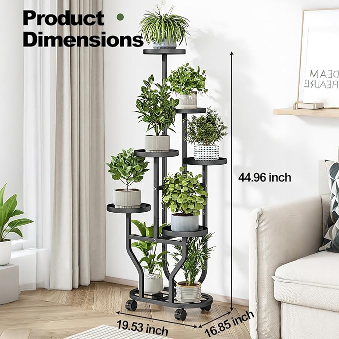Plant Stand with Wheels 6 Tier Metal Flower Shelf for Indoor Outdoor Corner Multiple Plants Holder Rack for Bedroom Living Room Garden Balcony Yard Black (Black, 6 Tier)