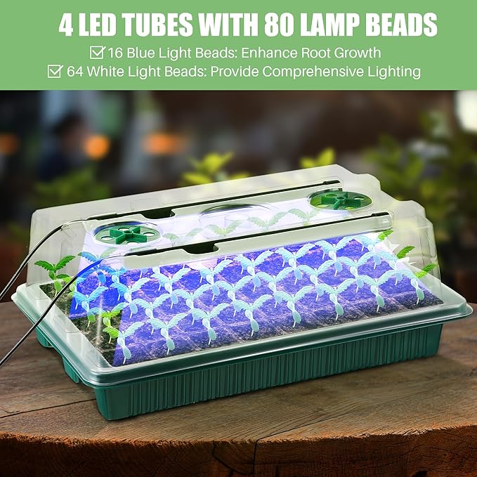 Saillong 2 Pack Seed Starter Tray with Grow Light, 80 Cell Indoor Greenhouse Seed Starting Set with Humidity Dome, 360° Full Spectrum LED, Smart Timer, 5 Brightness Levels for Germination