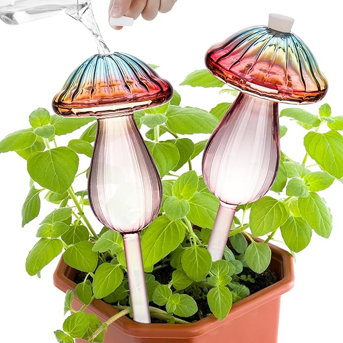 Plant Watering Globes Mushroom, Rainbow Gradient Color Plant Watering Devices, Self Watering Planter Insert, Self Watering Globes - Watering Bulbs for Indoor Plants for Travel Vacation (2 PCS)