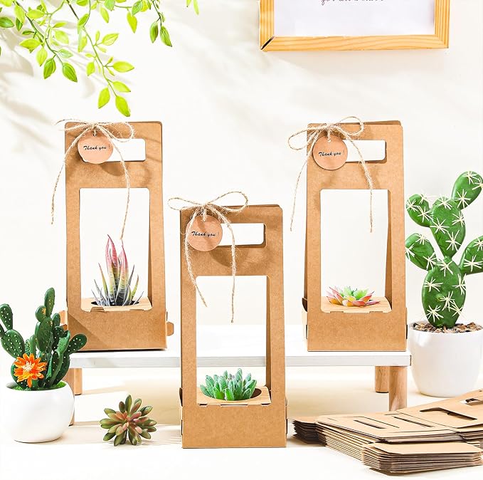 AmazingSpark 24 Pcs Succulent Wrap Bags with Thank You Cards Bulk - Mini Kraft Paper Succulent Gift Box for 2 Inch Pots for Party Favors, Baby Shower, Guests Plant Lovers Gifts (Classic)