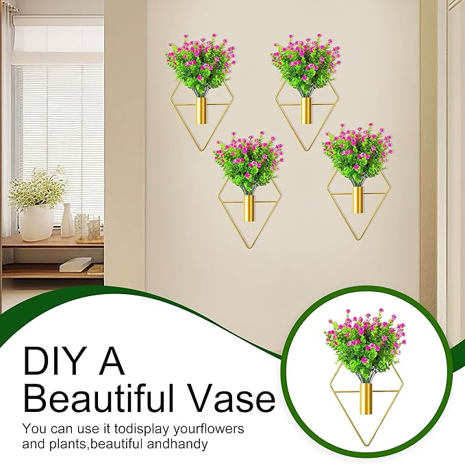 2 Pack Wall Decor Hanging Planters with Artificial Plants Metal Hanging Vase Indoor Plants Holder Modern Boho Wall Art for Bathroom Bedroom Living Room Office (Gold Eucalyptus)