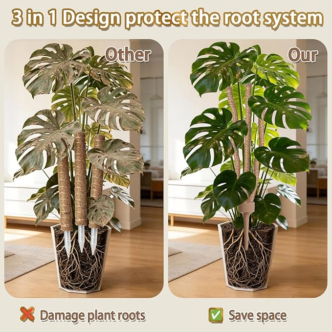 3 Moss Poles in 1, Bendable Monstera Plant Support, 30IN Tall Plant Stakes for Indoor Plants, Coir Pole Plant Support for Climbing Plants, Pothos, Philodendron-2 Pack