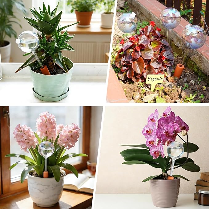 3PC Plant Watering Globes, 6 oz Upgraded Iridescent Self Watering Globes with Terracotta Stakes & 5 Plant Labels, Auto Glass Watering Bulbs for Indoor Plants, Rainbow Vacation Plant Watering Devices