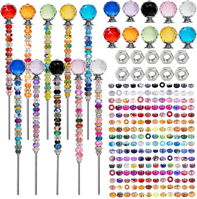 230 Pcs Beaded Garden Stakes Kit DIY Fairy Wands for Garden with 10 Colorful Crystal Stopper Top 200 Assortment Round Large Hole Bead for Outdoor Decor (10, Colorful Spherical)