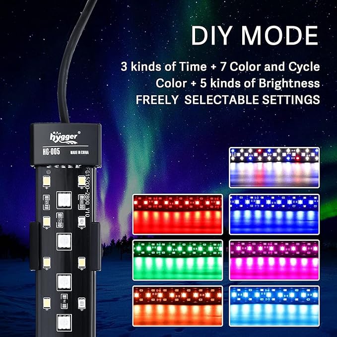 hygger 24/7 Mode Submersible Aquarium LED Light, Full Spectrum Hidden Fish Tank Light with 3 Rows Beads 7 Colors Auto On Off Sunrise-Daylight-Moonlight, Adjustable Timer Brightness