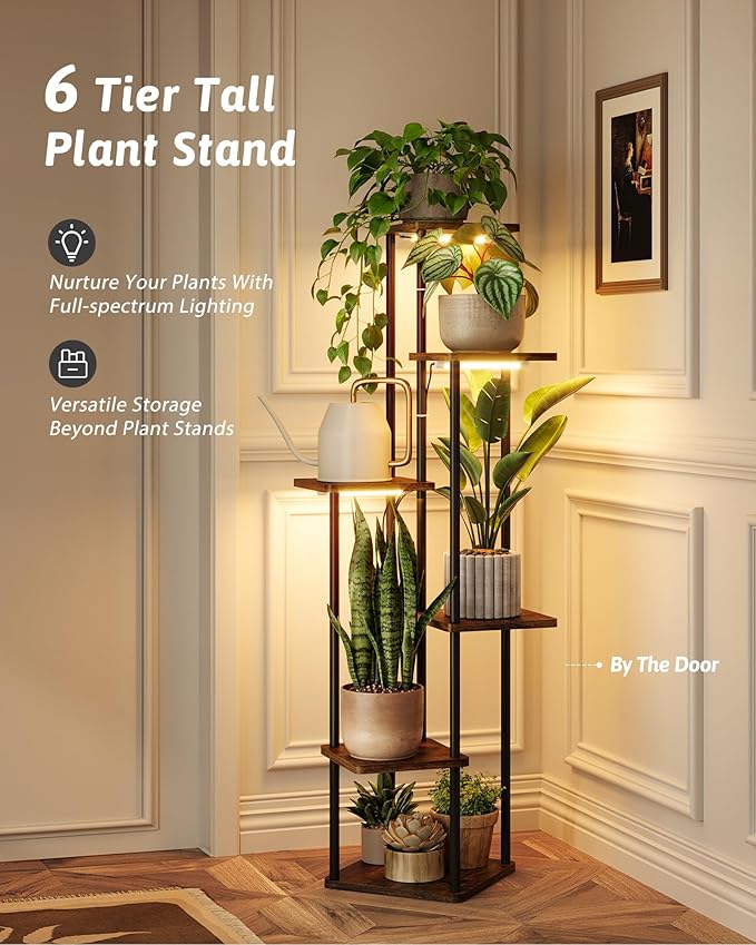 GENTINGBRO Plant Stand with Grow Light for Indoor Plants Corner Plant Stand 6 Tier Metal Plant Shelf Tall Plant Stand Plant Table Flower Stand for Living Room Bedroom Balcony Patio Brown Oak
