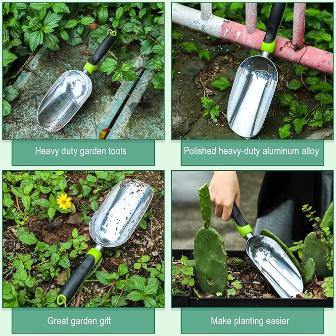 2 Pcs Soil Scoop 13.39 x 3.82 Inch Aluminum Transplanter Trowel Bend Proof Garden Tools Large Heavy Duty Hand Shovel with Comfort Soft Non Slip Grip Handle Garden Gifts for Digging Fertilizer (Green)
