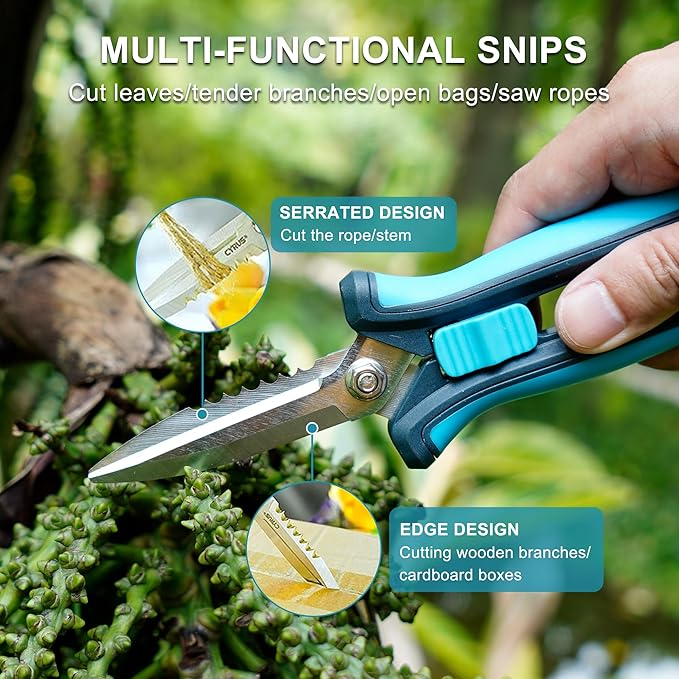 CYRUS Pruning Shears 8" Hand Gardening Scissors Extended Straight Carbon Blades Trimming Precision Bud Scissors with Sharp Serrations Widely Used for Gardening, Hydroponics, Grow Tents