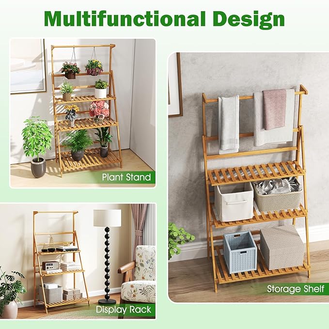 Giantex Plant Stand Indoor Outdoor - Bamboo 3-Tier Hanging Tall Ladder Flower Pot Display Organizer Rack w/Height Adjustable Rod, Folding Plant Shelf Holder for Living Room Corner Patio Garden Balcony